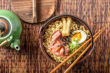 4K Image: Flavorful Ramen with Bacon, Boiled Egg, and Shredded Seaweed