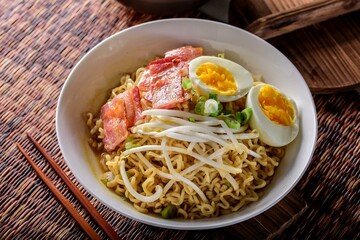 4K Image: Flavorful Ramen with Bacon, Boiled Egg, and Shredded Seaweed