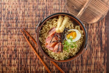 4K Image: Flavorful Ramen with Bacon, Boiled Egg, and Shredded Seaweed