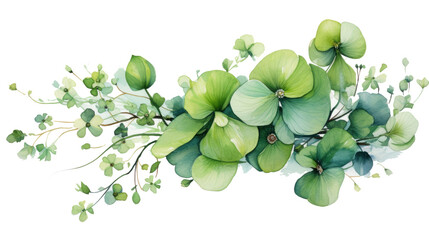Green watercolor floral element on transparent background