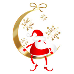 Santa Claus with a beard sits on a golden crescent. Christmas festive unique design