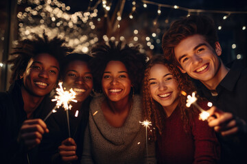 grupo de jovenes vestidos de fiesta haciéndose un selfie con fuegos artificiales de fondo y bengalas en la mano