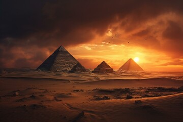 Fototapeta na wymiar eerie sunset over sandy desert with historic pyramids. Generative AI