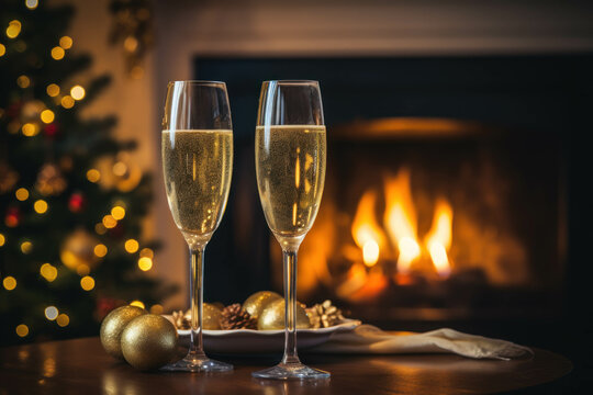 Two glasses of champagne on the background of a fireplace and Christmas tree