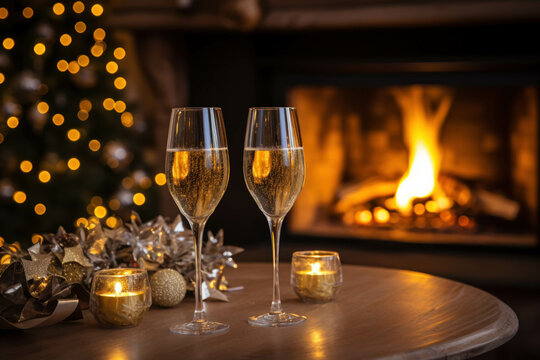 Two glasses of champagne and candles on the background of a fireplace and Christmas decorations