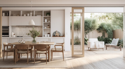 cocina moderna  de estilo mediterráneo en tonos blancos con mesa central de madera y salida a la terraza decorada con sofas y plantas.