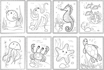 cute sea animals. Set of coloring pages for children