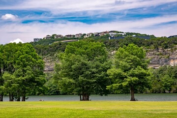 Fototapeta na wymiar 4K Image: Luxury Houses on Hill Overlooking Colorado River, Austin, Texas USA