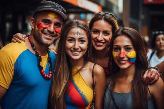 A smiling Colombian family in the colors of Colombia