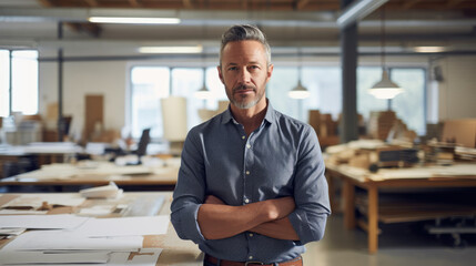 A male architect in a design studio, standing confidently and looking directly at the camera