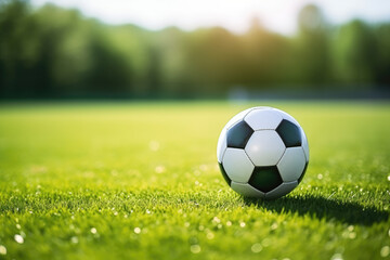 Fototapeta premium Classic black and white soccer ball on green grass. Active lifestyle, amateur football, street soccer, activity for children, teenagers, summer camp concept