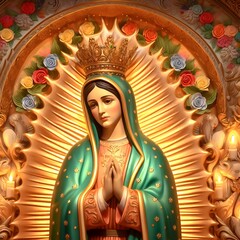 The beautiful Diadela Virgen de Guadalupe in flat design decorates the background
