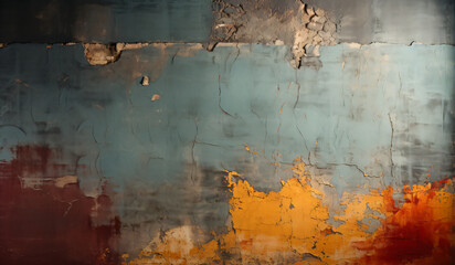 Weathered wall texture reveals layers of peeling paint in multiple colors.