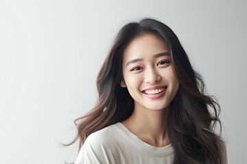Naklejka premium A young Asian woman with a pretty smile, exuding happiness and a cheerful demeanor in her autumn-themed portrait.