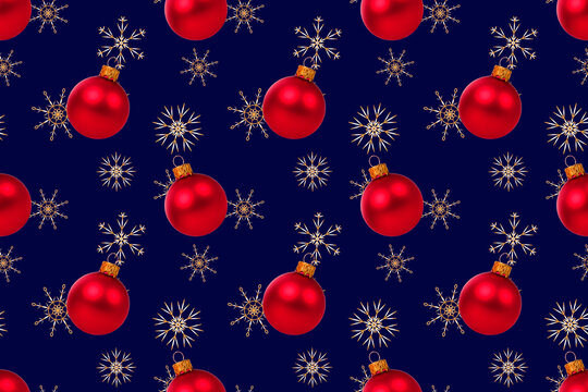 Red Christmas baubles isolated on blue background New year decorations balls Minimal composition seamless photo pattern Winter holiday concept Front view flat lay Xmas template Festive Gold snowflakes