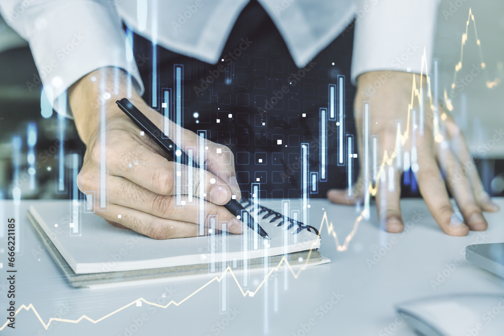 Aufkleber multi exposure of abstract financial graph with hand writing in notebook on background, financial an