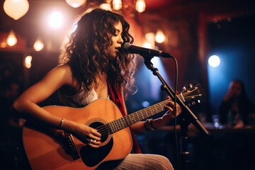 In a charming pub, a talented female singer-songwriter graces the stage, delivering heartfelt ballads with her soulful voice.  - obrazy, fototapety, plakaty