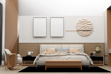 Bed with bedding and beige blanket between two wooden tables in bedroom interior with frame mockup, 3D render