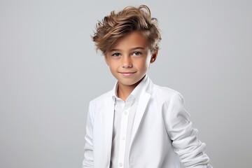 A cute young Caucasian boy with blond hair and expressive blue eyes smiles confidently in a formal portrait.