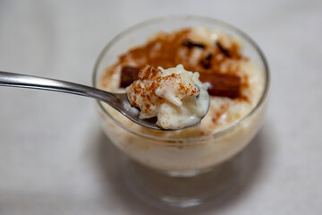 Traditional rice pudding. Sweet dish made by cooking rice in milk and sugar, some recipes include cinnamon, vanilla or other ingredients, it is a very easy dessert to make .