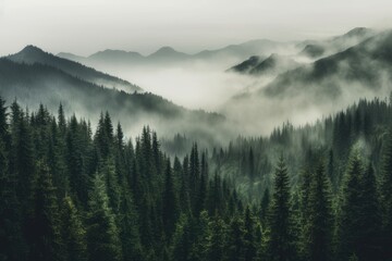 Foggy mountain landscape with green forest and white mist between cone trees