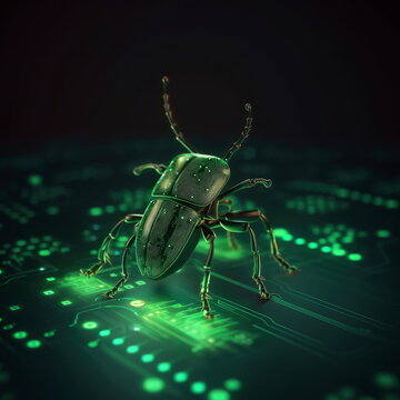 Green bug in the digital environment, a bug in the code