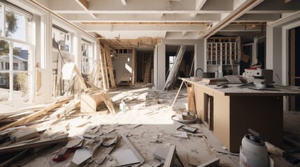 Interior frame of new wooden house under construction - obrazy, fototapety, plakaty