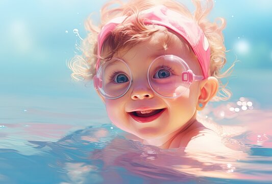 cute kids in swimming pool. Photo of children summer vacation.