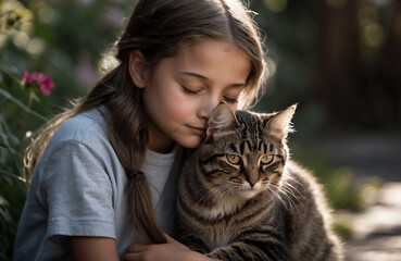 tender image of girl hugging her cat
