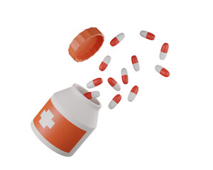 Medicine bottle with pills and capsules floating out for medical use, 3D rendering