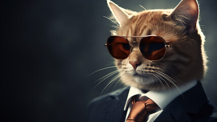 A cat wearing sunglasses and a suit with a tie.