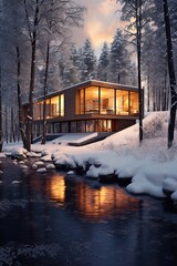 Modern new luxury residential building at winter forest. Snow. Private rich property