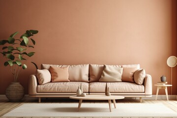 Sofa in living room with wooden furniture and trendy accessories on beige background, 3d render. Generative AI