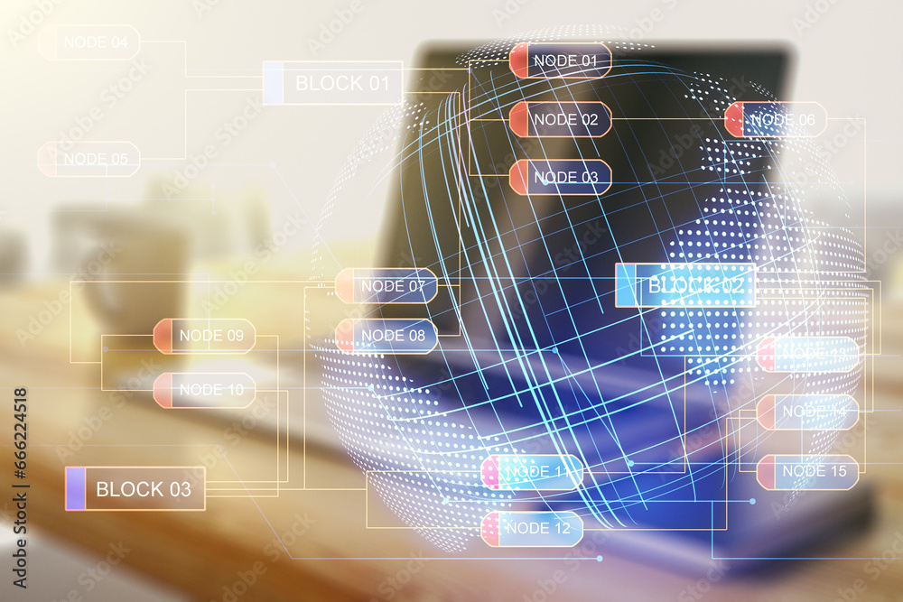 Leinwandbilder double exposure of abstract programming language with world map and modern desktop with laptop on ba