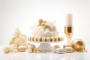 Obraz na płótnie Canvas White and gold colored luxury elegantly macarons for Christmas and cozy blur background