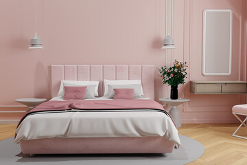 Interior of a bedroom with pink bed and pillows. Scandinavian style, 3d render