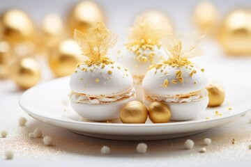 Fototapeta na wymiar White and gold colored luxury elegantly macarons for Christmas and cozy blur background