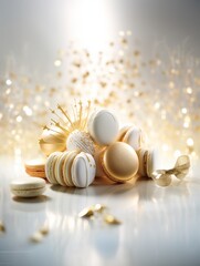 White and gold colored luxury elegantly macarons for Christmas and cozy blur background