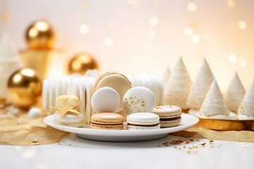 White and gold colored luxury elegantly macarons for Christmas and cozy blur background - obrazy, fototapety, plakaty