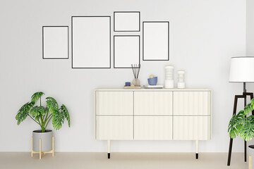 Fototapeta na wymiar Minimalist empty frame mockup poster hanging on the white wall above the wooden cabinet 3d render