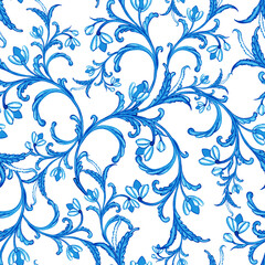 Ceramic tile design in blue colors. Sicilian seamless ornament. Baroque watercolor background. Hand drawn royal ornament. Mediterranean Italian print. - obrazy, fototapety, plakaty