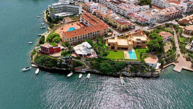 Aerial shot showcasing Mahon's waterfront properties in Minorca.