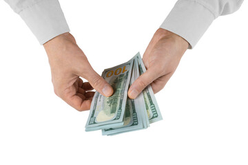 Man counting money. Allocation of money, economy concept, US dollar falling or rising. Man hands with dollar cash isolated on white, transparent background, PNG. Finance, bank, currency..