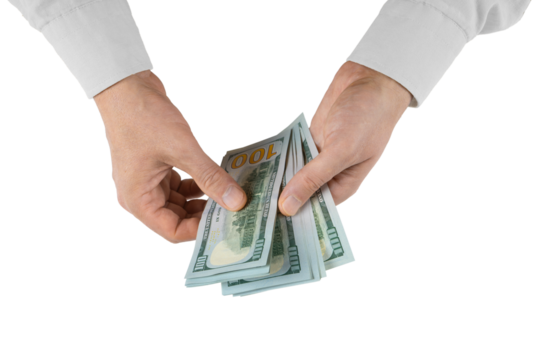 Man counting money. Allocation of money, economy concept, US dollar falling or rising. Man hands with dollar cash isolated on white, transparent background, PNG. Finance, bank, currency..