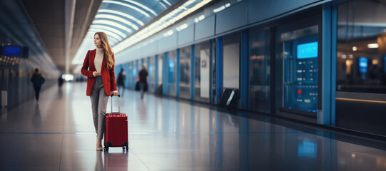 Young woman with suitcase at the airport terminal. Travel and tourism concept. - obrazy, fototapety, plakaty