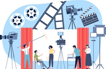 Film shooting team. Movie production process, stream or professional bloggers working. Personal channel, online interview prepare recent vector scene