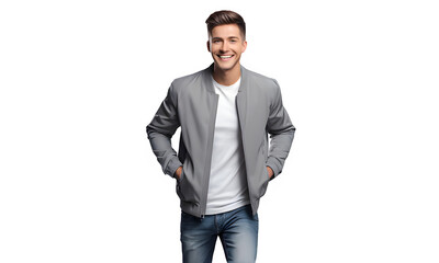 young man wearing jacket confident smile walking confindent. Ai