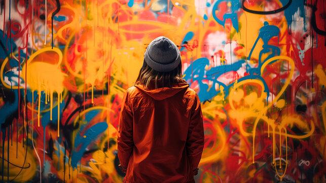 Amidst street art and graffiti, a passionate individual embraces radical self-expression with bold and unconventional attire, celebrating authenticity through vibrant colors and bold details.