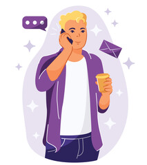 Handsome blonde young man talking on phone. Office worker chatting. Stylish boy with smartphone. Flat Vector Illustration