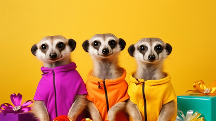 Creative animal concept. Meerkat in a group, vibrant bright fashionable outfits isolated on solid background advertisement, copy text space. birthday party invite invitation banner 